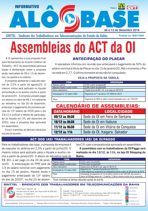 Assembleias do ACT da OI serão realizadas de 09 a 13 de dezembro