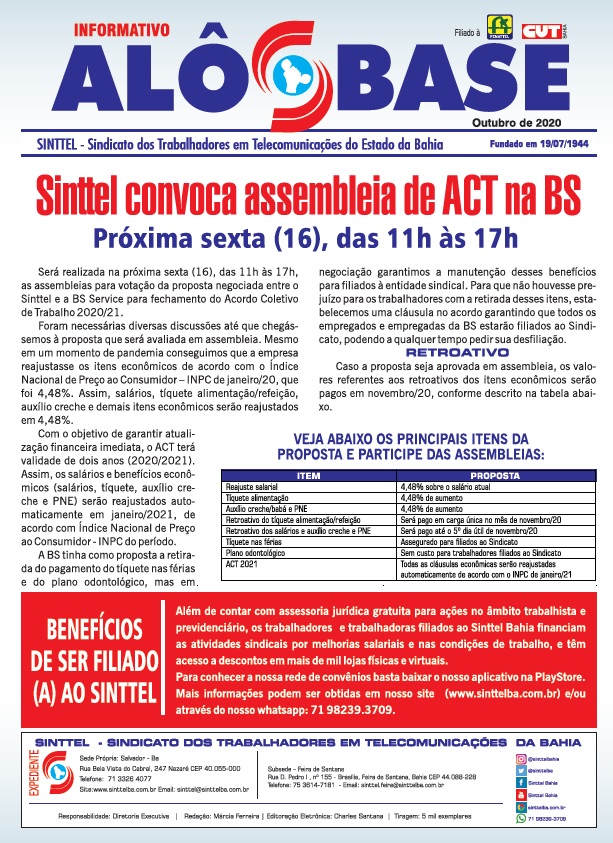 Sinttel convoca assembleia de ACT na BS Service