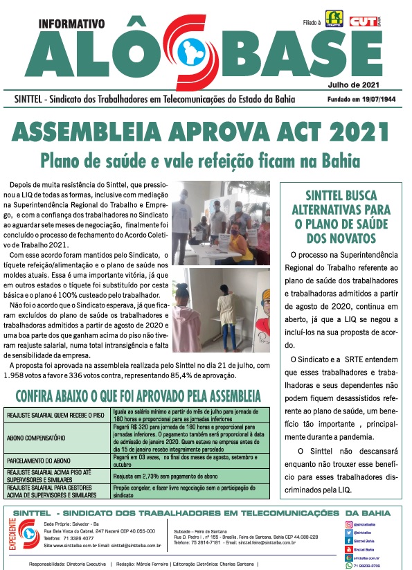 Assembleia aprova ACT 2021 l Plano de saúde e vale refeição ficam na Bahia