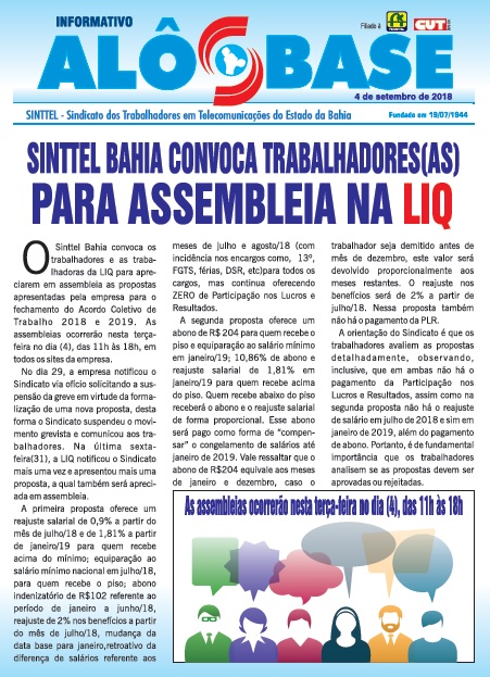 Sinttel Bahia convoca trabalhadores (as) para assembleia na LIQ