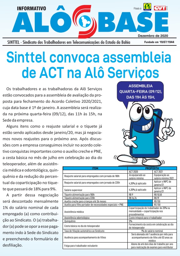 Sinttel convoca assembleia de ACT na Alô Serviços