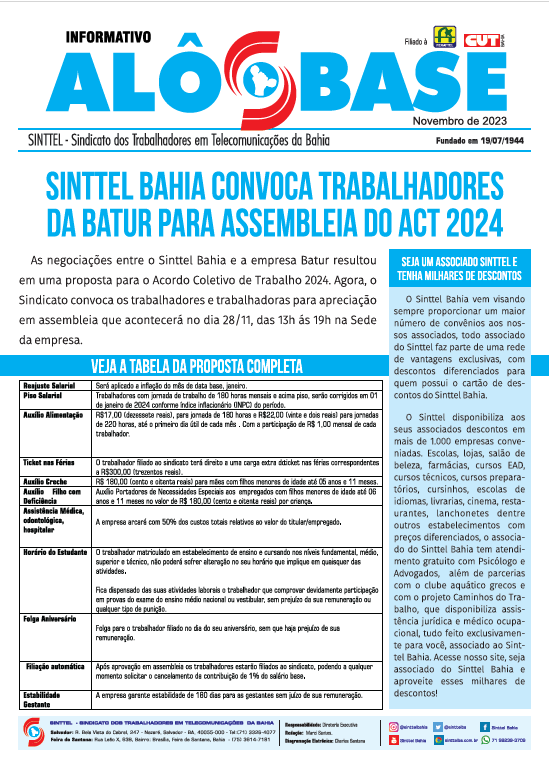 Sinttel Bahia convoca trabalhadores da Batur para assembleia do ACT 2024