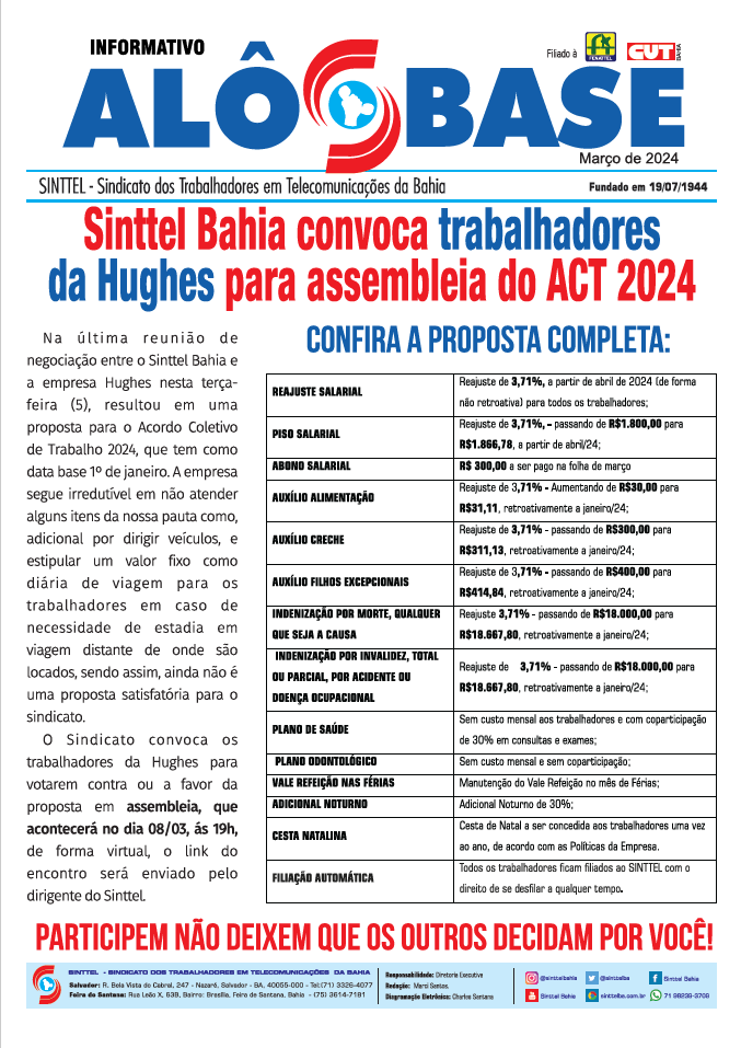 Sinttel Bahia convoca trabalhadores da Hughes para assembleia do ACT 2024
