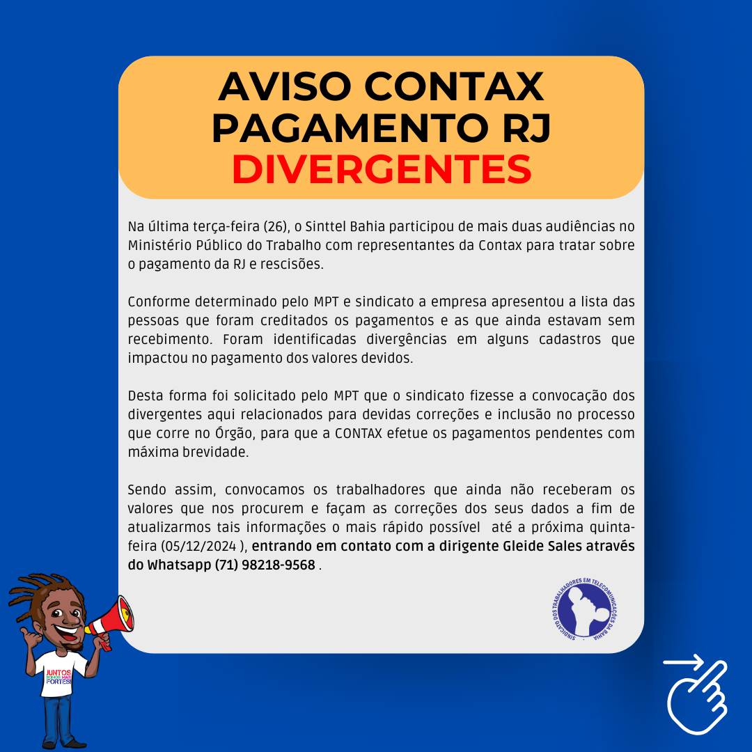 AVISO CONTAX:  PAGAMENTO RJ DIVERGENTES