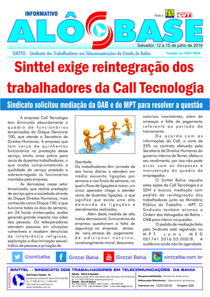 Sinttel exige a reintegração dos trabalhadores da Call Tecnologia
